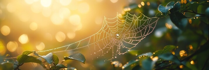 Dew-Covered Spiderweb in Morning Sunlight - A delicate spiderweb catches the morning sunlight, glistening with dewdrops. The web is suspended between leaves, representing nature's intricate beauty, fr