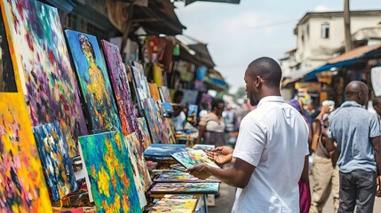 A man explores vibrant art displayed at a bustling street market, surrounded by colorful paintings and lively crowds. 