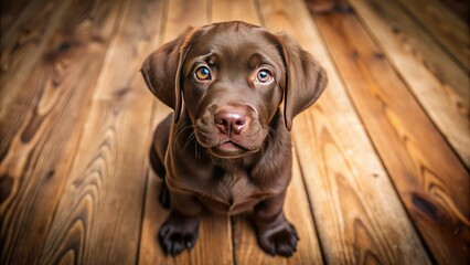 Wall Mural - Adorable chocolate Labrador retriever puppy sitting on a wooden floor, looking directly at the camera with big brown eyes and a wagging tongue.