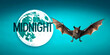 © HaJung - Flat Bat and Full Moon with Midnight Text concept as An isolated vector featuring a bat flying across a full moon with the word Midnight in a sleek dark font. The elements are set against a white back