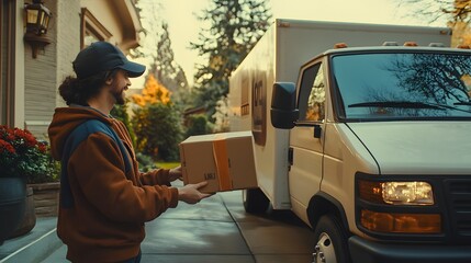 A delivery man smiling while unloading a package from a delivery truck in a residential neighborhood during autumn. 