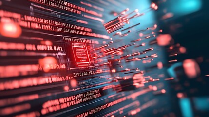abstract digital technology with data streams, red light effects, and binary code representing moder