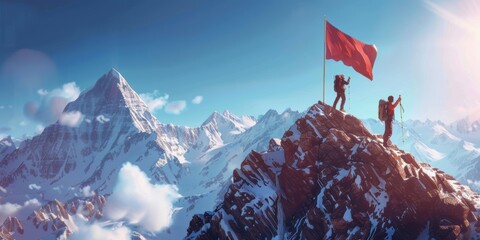 Two Hikers Reaching the Summit with a Red Flag