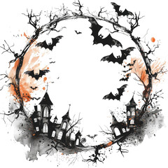 Black haunted houses and bats Halloween wreath isolated on white background. Watercolor art with spooky theme. Round frame decorated with castle and halloween decoration. Halloween decoration. AIG56.