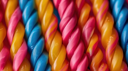 A close-up of colorful, twisted candy sticks arranged in a fan shape, showcasing their vibrant stripes