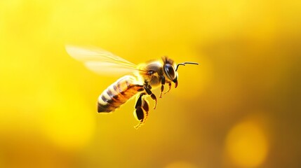 Honeybee in Flight Against a Golden Background - A single honeybee flies through the air, its wings spread wide. The bee is in focus, while the background is a soft, golden blur. The image represents 