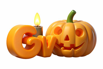 Flat Jack o Lantern and Candle with Glow Text concept as An isolated vector featuring a glowing jack o lantern and a candle with the word Glow in a warm inviting font. The elements are set against a w