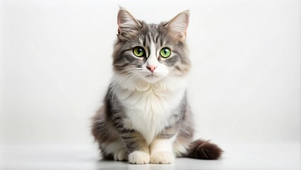 Adorable little grey and white cat with bright green eyes and fluffy whiskers sitting alone on a plain white background, looking curious and playful.