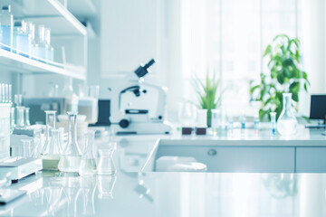 Bright, modern laboratory with microscope, glassware, and plants on clean, reflective surface, emphasizing innovation, scientific research, and focus on sustainability in high-tech environment