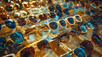 A display of sunglasses in various styles and frames, reflecting different fashion trends