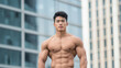 © fotogurmespb - Athletic Asian male fitness model striking a powerful pose in front of city skyscrapers sleek workout gear sharp and intense gaze urban fitness lifestyle