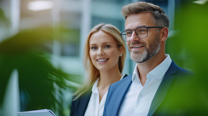 Business partners exchanging confident smiles while analyzing a document open office plan sleek interior natural light pouring in teamwork and trust concept 