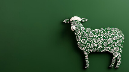 Canvas Print - Elegant sheep silhouette adorned with intricate henna patterns on a vibrant green background, symbolizing Eid al-Adha traditions and cultural beauty 