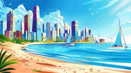 This picturesque landscape captures the essence of a coastal city, where sunlit beaches meet a bustling harbor, surrounded by impressive skyscrapers against a clear sky.