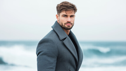 Handsome male model in a gray overcoat standing on a windswept beach waves crashing in the background coat billowing with the wind cool and rugged style 