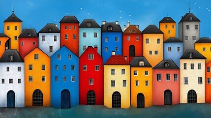 A row of colorful houses stand tall against a blue sky, each one unique in its design and shade. The scene evokes a sense of charming whimsy and playful vibrancy.