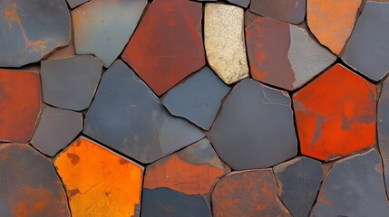 A close-up shot of a stone wall with a variety of colors, including orange, red, and grey.