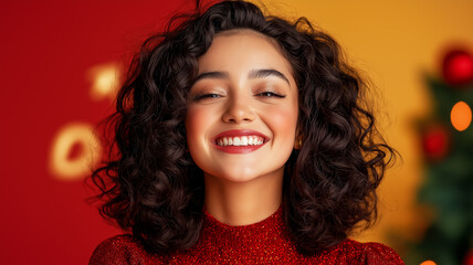 Playful Latina teenage girl fashion model in a stylish Christmas outfit with glittery accents laughing with joy gradient background in festive red and gold empty space for text 