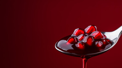 Spiced pomegranate molasses dripping down a dark spoon deep ruby-red color intense richness exotic sweetness and tartness highlighted by soft light 