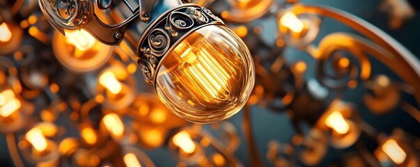 Wall Mural - Closeup of Vintage Filament Light Bulb in Chandelier.