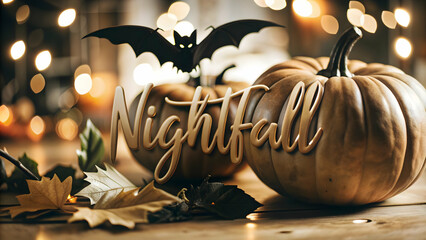 Pumpkin and Bat with Nightfall Text concept as An isolated vector featuring a glowing pumpkin and a bat flying above with the word Nightfall in a bold font. The elements are set against a white backgr