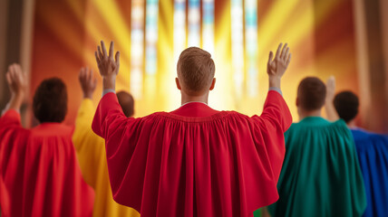 Vibrant gospel choir dressed in bright robes singing with hands lifted in a classic church setting colorful stained-glass windows warm sunlight creating a heavenly glow 