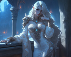 Wall Mural - elegant elf female with long white hair and intricate gown, leaning gracefully on a balcony in a dimly lit hall, ethereal and regal