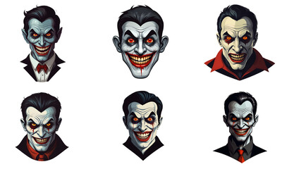 Set of cartoon horror vampire character faces. vector illustration of evil vampire smile scary circus monsters. White background. 