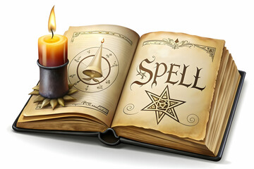 Witchs Grimoire and Candle with Spell Text concept as An isolated vector featuring an open witchs grimoire and a candle with the word Spell in a mystical font. The elements are set against a white bac