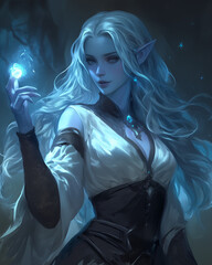 Wall Mural - elegant portrait of a drow female with white hair and blue skin, holding a glowing magical sphere, standing in a dark enchanted forest