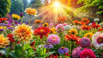 Vibrant colorful flowers bloom in a garden after receiving nourishing water and sunlight, symbolizing growth and renewal through natural enhancement.