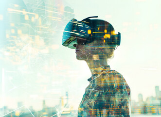 A person engages with a virtual reality environment, fully immersed in digital landscapes and colorful graphics, showcasing the possibilities of technology in a modern urban backdrop.