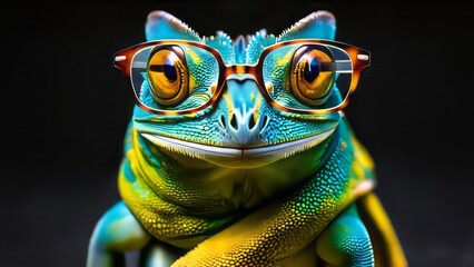 A bright chameleon wearing glasses and a scarf, on dark background