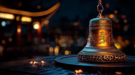 Wall Mural - A 3D Chinese temple bell with soft glow, representing the spiritual sounds of China.