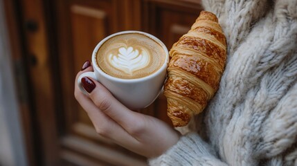 Elegant Woman Enjoying Coffee and Croissant