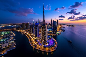 Wall Mural - A 3D Dubai skyline at sunset with soft glowing lights on the right, symbolizing the beauty of the UAE.