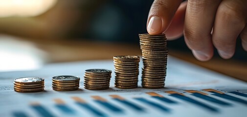 A focused hand stacks coins growing in height, symbolizing financial growth, over a chart. The background is softly blurred, enhancing the action of saving money.