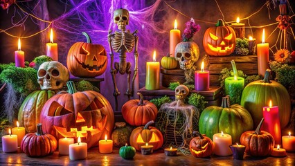 Vibrant orange, purple, and green Halloween decorations, including glowing jack-o-lanterns, cobweb-draped skeletons, and eerie candles, create a spooky yet festive autumn atmosphere.