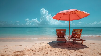 A sunny beach setting featuring a parasol, ocean waves, and a chair, ideal for a relaxing summer holiday and tranquil travel by the sea.