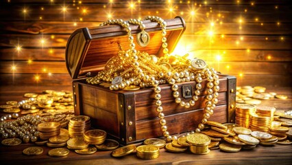 A golden treasure chest filled with stacks of cash, gold coins, and glittering jewelry, symbolizing wealth, prosperity, and a life of luxury and abundance.