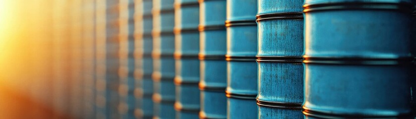 blue barrels in sunlight, showcasing industrial storage solutions in a visually appealing manner.