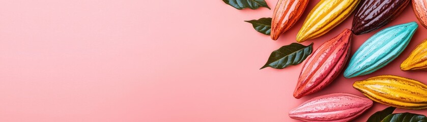 colorful chocolate candies on a pink background, showcasing artistic food presentation and creativity.