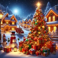 Wall Mural - Christmas winter scene with a snow-covered village and decorated by snowmen, decorated Christmas tree and giftboxes pile in the night sky, Christmas Day concept