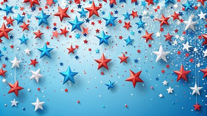 Wall Mural - Vibrant vertical banner featuring blue, red, and white stars, confetti, and a light blue background, evoking patriotic Independence Day and election celebrations.