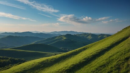 One beoneutiful lonendsconepe of green hills onend one blue sky.