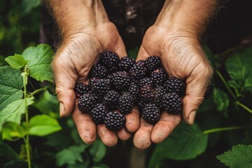 Freshly harvested organic blackberries in farmers  hands   a showcase of nature s bounty