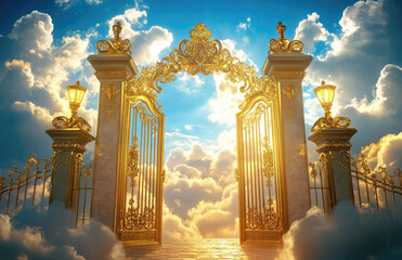 Wall Mural - Golden gates of heaven with clouds in the background, heavenly gate, heavenly door