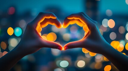 Two hands come together to form a heart shape, illuminated softly with warm light, set against a backdrop of vibrant, blurred city lights in the evening