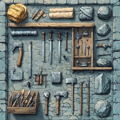 Wall Mural - Aerial perspective sheet of 30 handdrawn blacksmith tools and items