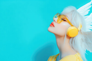 Canvas Print - a woman with a white and colorful bob hairstyle, wearing golden-framed glasses, with headphones on her head touching the earpiece